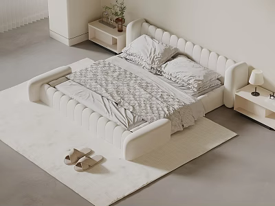 White Padded Double Bed With Gray Quilt Pillows On Rug And Nightstands Plants Table Lamp 3d model