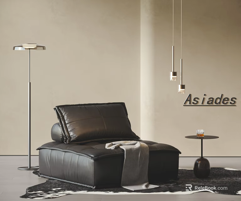 Black Leather Single Seater Sofa With Floor Lamp Side Table Dark Rug And Neutral Wall 3d model 