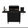 Black Outdoor Barbecue Grill With Grilling Burgers Sausages Buns And Wine Glass