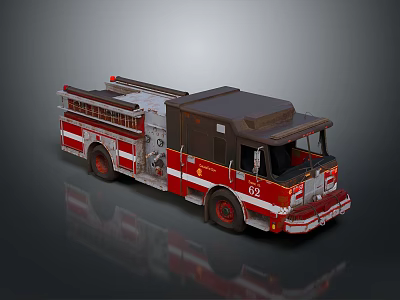 Red and White Fire Truck With Ladder Classic Emergency Vehicle Number 02 on Reflective Surface 3d model