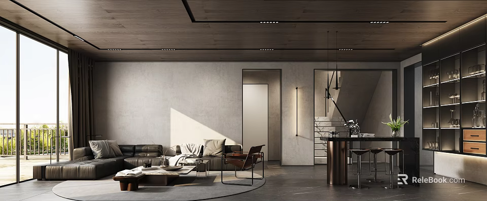 Modern Open Concept Living Dining Room With Leather Sofa Coffee Table And Wooden Bar Counter 3d model 