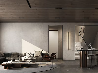 Modern Open Concept Living Dining Room With Leather Sofa Coffee Table And Wooden Bar Counter 3d model