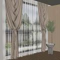 Modern Beige Curtains with Sheer Layers and Pleated Design in Room with Potted Plant