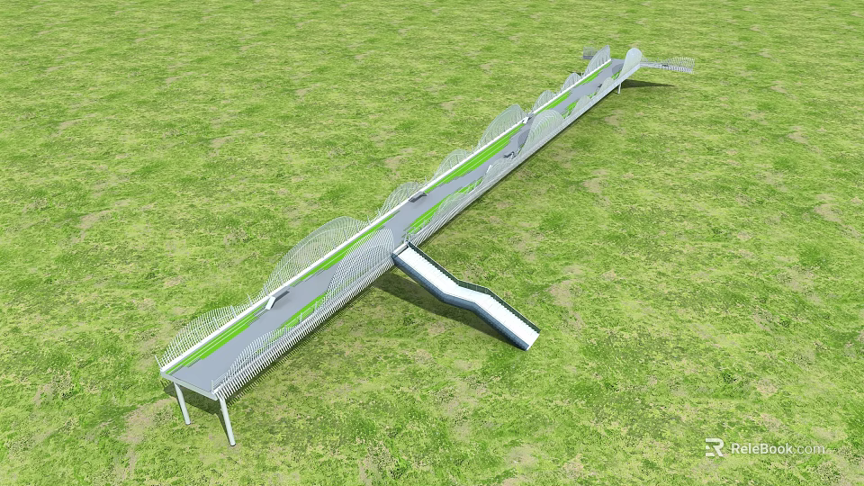 Modern Bridge With Net Railings On Green Grass Field Outdoor Structure 3d model 