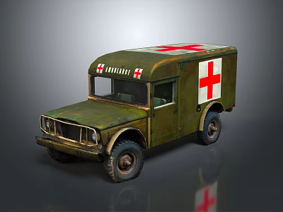 Vintage Green Military Ambulance With Red Cross Markings And Retro Design 3d model