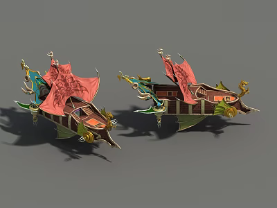 Ornate Decorative Boats With Red Sails Green Accents And Golden Details 3d model