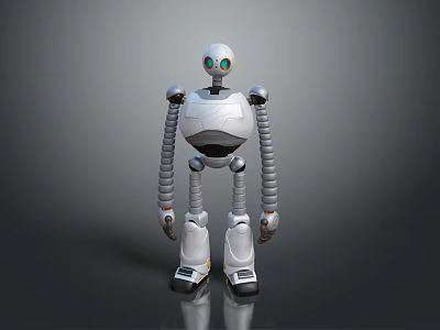 White and Silver Robot with Blue Eyes Mechanical Spiral Arms Standing on Reflective Floor 3d model