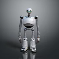 White and Silver Robot with Blue Eyes Mechanical Spiral Arms Standing on Reflective Floor
