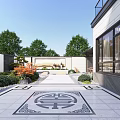 Modern Courtyard Scenic Wall Design With Green Plants Stone Path And Circular Water Feature