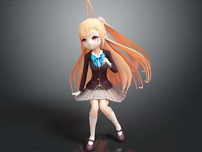 Anime Style 3D Character With Long Orange Hair Blue Bow And Plaid Skirt Outfit 3d model