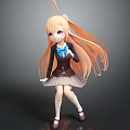 Anime Style 3D Character With Long Orange Hair Blue Bow And Plaid Skirt Outfit