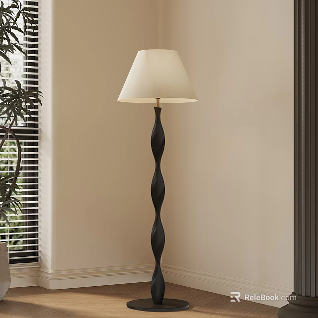 Modern Black Spiral Floor Lamp With Cream Lampshade Near Window Blinds And Green Plant 3d model 