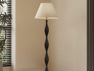 Modern Black Spiral Floor Lamp With Cream Lampshade Near Window Blinds And Green Plant 3d model
