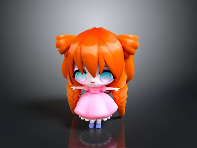 Cute Cartoon Female Doll Wearing Pink Dress with Orange Twin Ponytails and Big Eyes 3d model