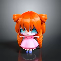 Cute Cartoon Female Doll Wearing Pink Dress with Orange Twin Ponytails and Big Eyes