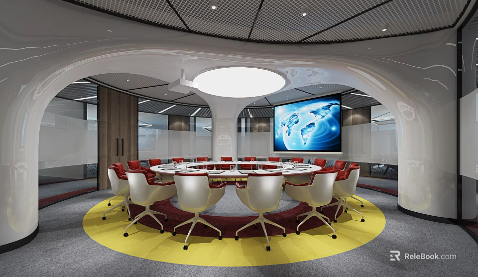 Modern Conference Room With Circular Table Red White Chairs And Large World Map Screen 3d model 