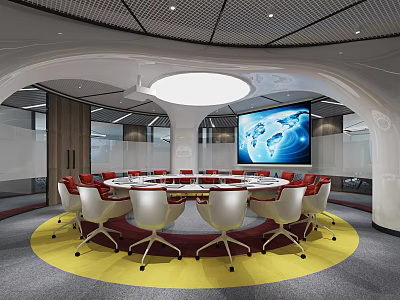 Modern Conference Room With Circular Table Red White Chairs And Large World Map Screen 3d model