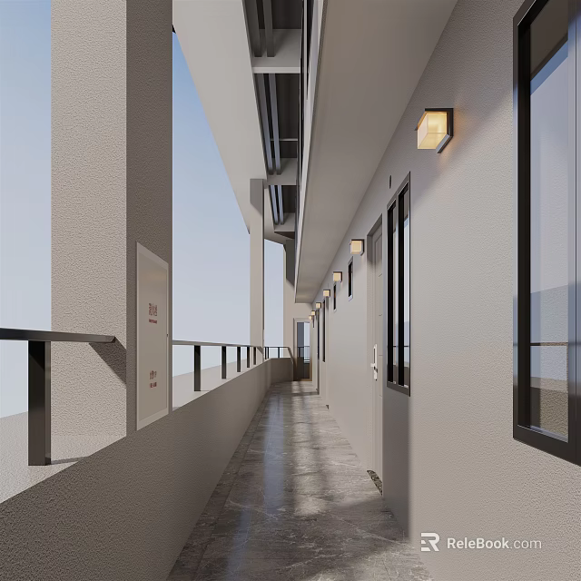 Modern Elevator Hallway Interior Design With Railing Lighting Windows And Smooth Walls 3d model 