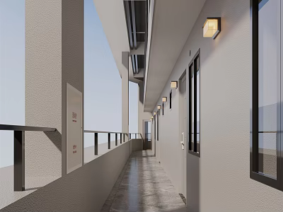 Modern Elevator Hallway Interior Design With Railing Lighting Windows And Smooth Walls 3d model