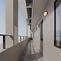 Modern Elevator Hallway Interior Design With Railing Lighting Windows And Smooth Walls 3d model