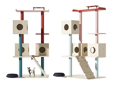Multicolor Cat Tree with Square Cat Condos Ladders and Scratching Pad for Kitten 3d model