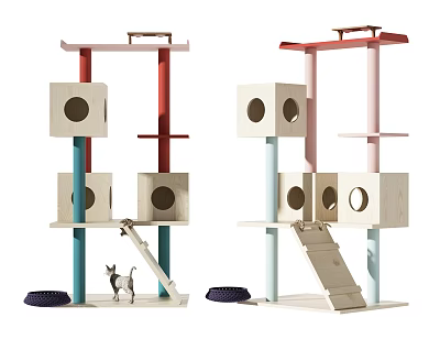 Multicolor Cat Tree with Square Cat Condos Ladders and Scratching Pad for Kitten 3d model