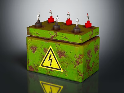Green Rusted High Voltage Warning Box With Yellow Lightning Sign And Red Metal Components 3d model