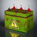 Green Rusted High Voltage Warning Box With Yellow Lightning Sign And Red Metal Components