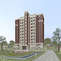 Modern High Rise Residential Building Red Brick Exterior White Accents Greenery Lawn Trees