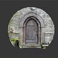 Architectural Arched Stone Door With Wooden Frame Stone Walls And Yellow Flowers Potted Plants