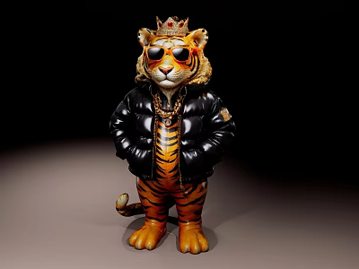 Tiger Stuffed Toy Wearing Crown Sunglasses Black Leather Jacket And Gold Chain 3d model