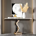 Modern Luxury Console Table With Golden S Base Decorative Painting Pampas Vase And Striped Wall