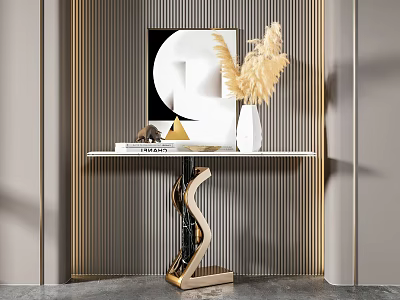 Modern Luxury Console Table With Golden S Base Decorative Painting Pampas Vase And Striped Wall 3d model