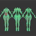 Three Armored Female Figures Standing Together Holding Hands With Futuristic Colored Armor Suits