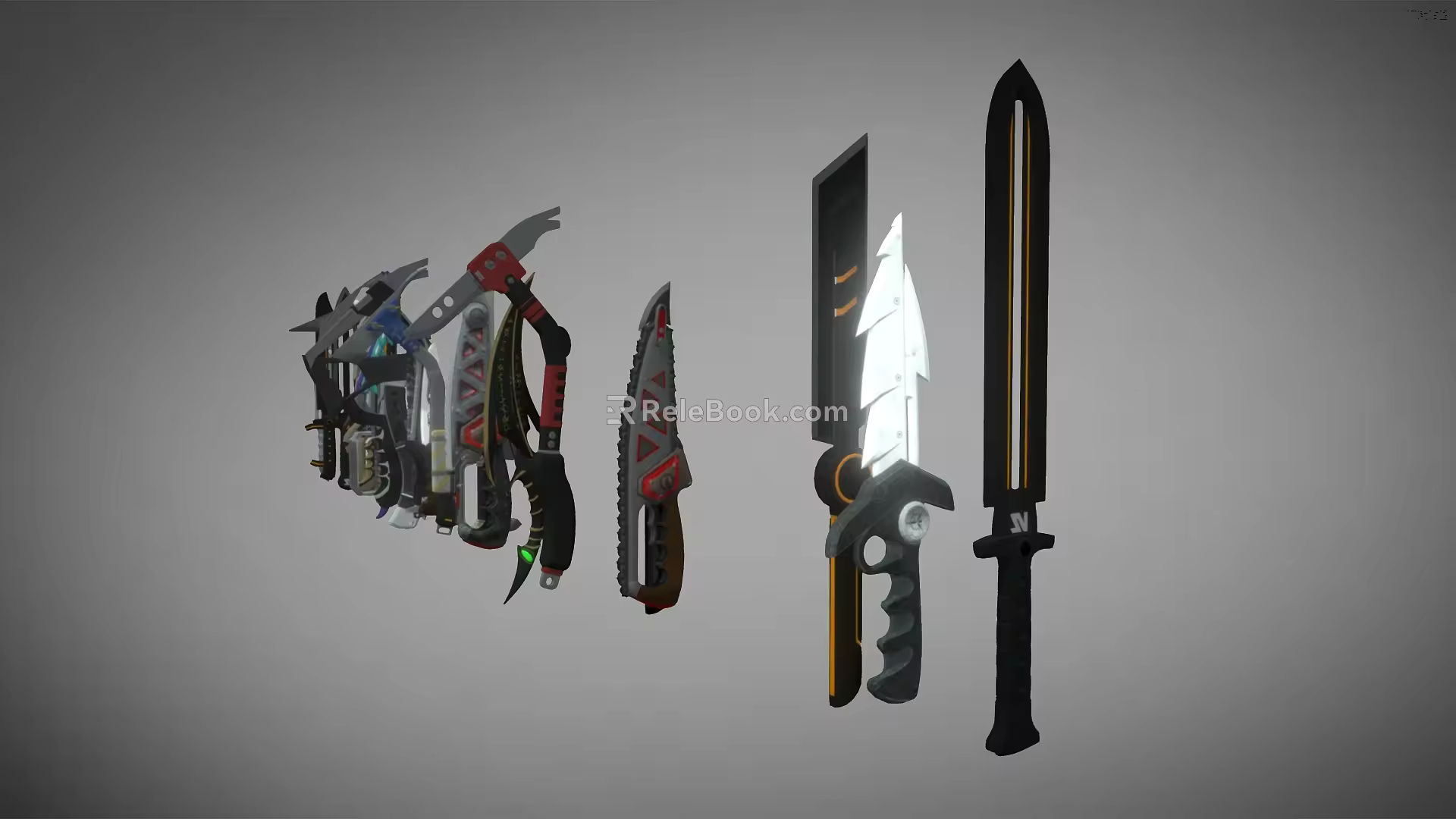 Weapons A Group of Science Fiction Weapons Combination Sword Dagger Axe Tomahawk Cyberpunk stylized low face number low model simple model film and television level 3d model