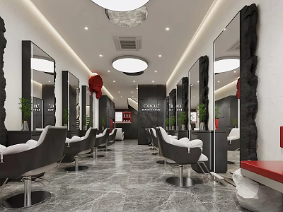 Modern Hair Salon Interior With Mirrors Comfortable Chairs Marble Floor And Lighting 3d model