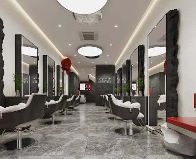 Modern Hair Salon Interior With Mirrors Comfortable Chairs Marble Floor And Lighting 3d model