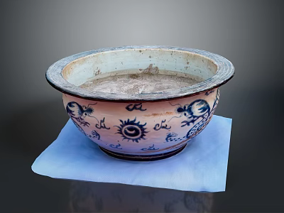 Traditional Carved Ceramic Basin With Blue Sun And Dragon Patterns On White Cloth 3d model