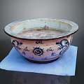 Traditional Carved Ceramic Basin With Blue Sun And Dragon Patterns On White Cloth