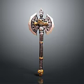 Ornate Decorative Axe With Intricate Metal Head And Gold Accent Handle