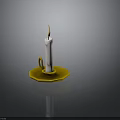 Burning White Candle On Yellow Candle Holder With Tray And Flame