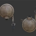 Two Robot Characters With Hat Like Heads Wooden Bodies Antennas And Weapons