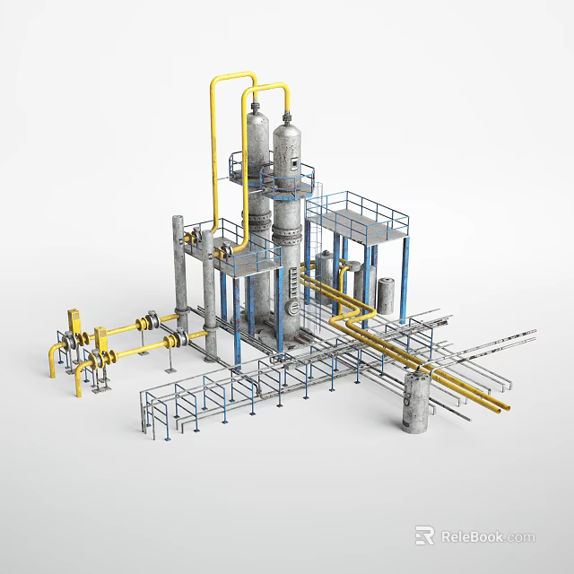 Industrial Equipment Structure With Large Tanks Yellow Pipes And Blue Railings 3d model 