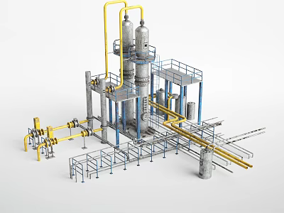 Industrial Equipment Structure With Large Tanks Yellow Pipes And Blue Railings 3d model