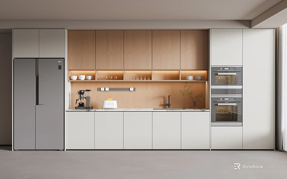 Modern Kitchen Sideboard With Wooden And White Cabinets Coffee Machine Sink And Ovens 3d model 