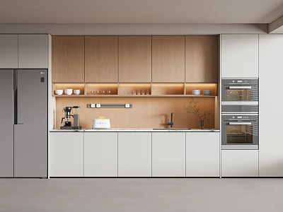 Modern Kitchen Sideboard With Wooden And White Cabinets Coffee Machine Sink And Ovens 3d model