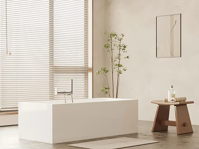 Serene Bathroom Interior With White Bathtub Window Blinds Potted Plant And Wooden Table 3d model
