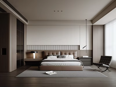 Modern Bedroom Interior With Upholstered Headboard Table Lamps And Floor to Ceiling Windows 3d model