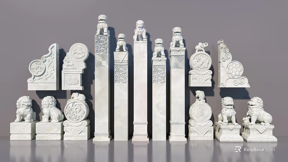 Stone Carved Pillars With Lion Statues And Intricate Decorative Patterns 3d model