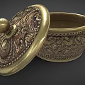 Classic Style Golden Ceramic Vessel With Carved Patterns And Lid 3d model